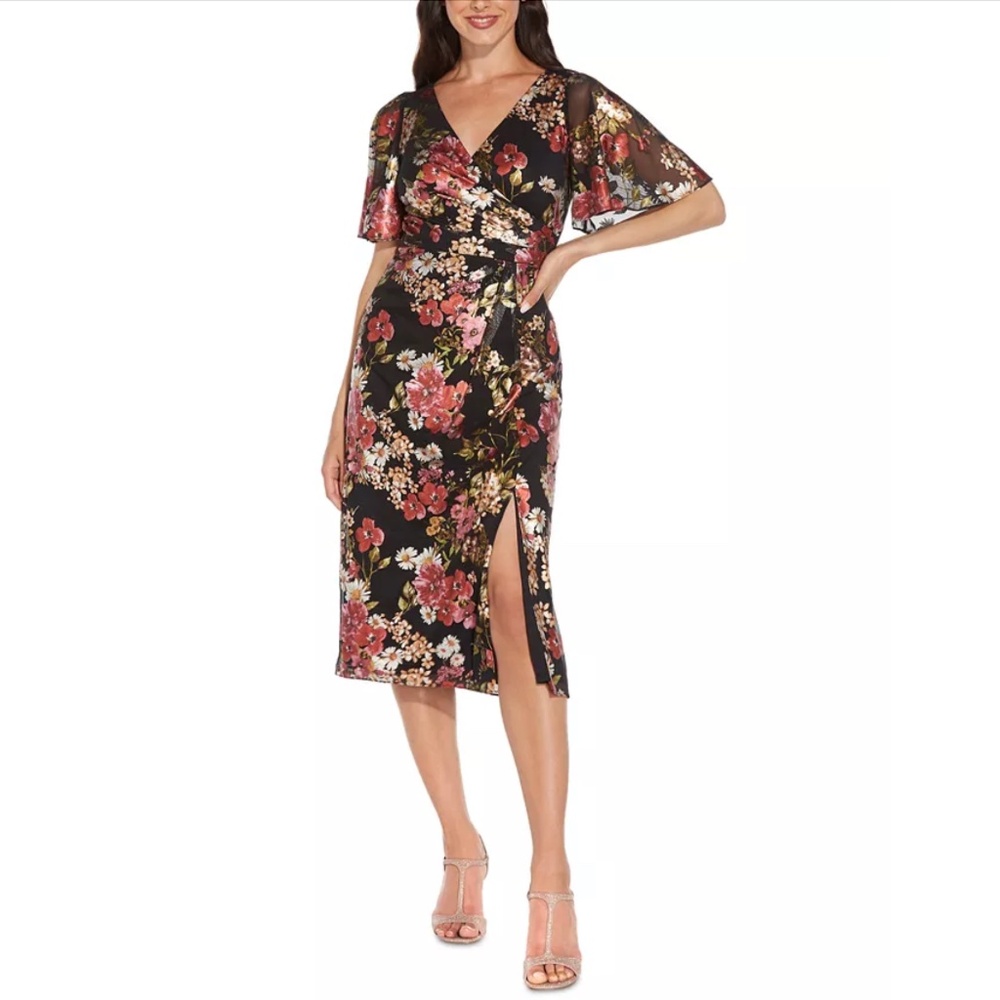 ADRIANNA PAPELL: Floral-Print Metallic Flutter-Sleeve Dress (NWT)